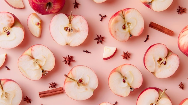 Fresh Red Apples and Spices on a Pink Background Top View of Sliced Apples with Cinnamon and Star Anise