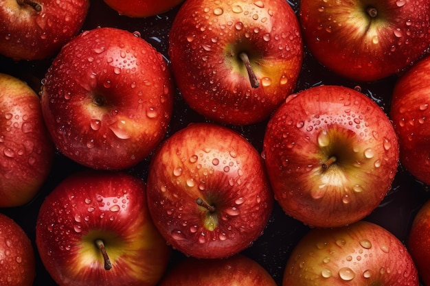 Fresh red apples with water drops on black background Top view Ai generated