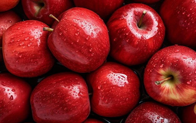 Fresh red apples with water drops close up