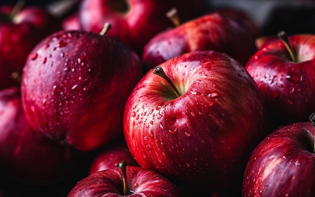 Fresh red apples with water drops close up