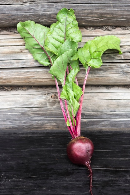 Fresh red beetroot with leaves on a wooden