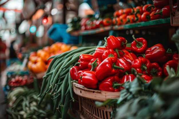 Fresh Red Bell Peppers and Green Beans at a Market Stall