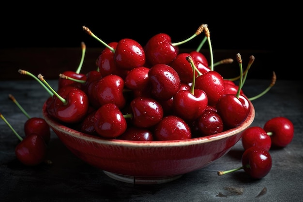 Fresh red cherries fruit in bowl Generative AI