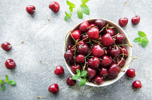 Fresh red cherries fruit in bowl