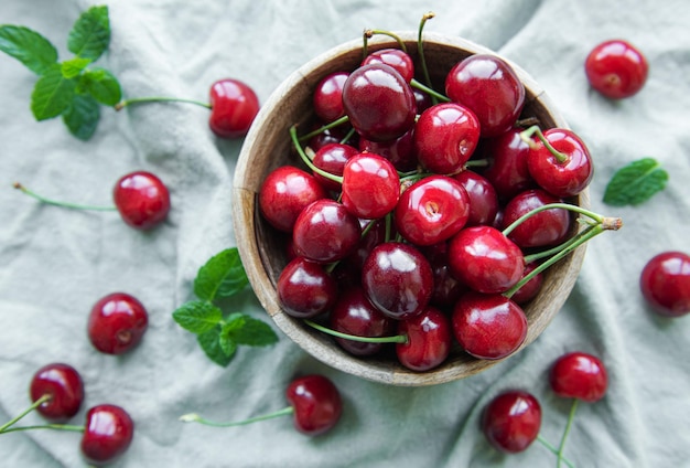 Fresh red cherries fruit in bowl