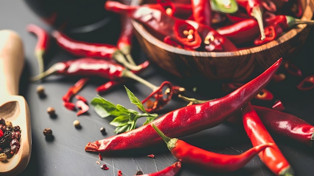 Fresh red chili peppers and spices on a dark kitchen counter for adding heat to your recipes