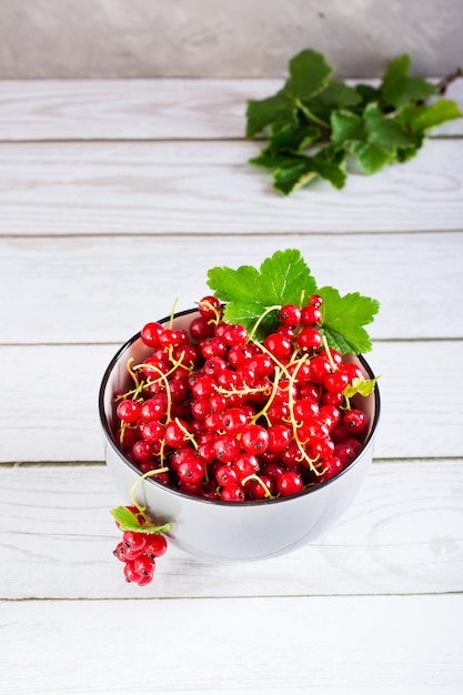 Fresh red currant berries in a bowl on the table Summer organic food Vertical view