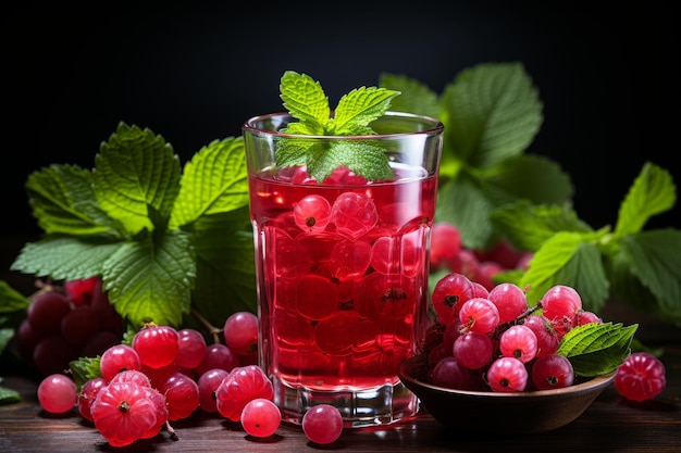 Fresh red currants and healthy smoothie in a glass on wooden table organic berry drink concept