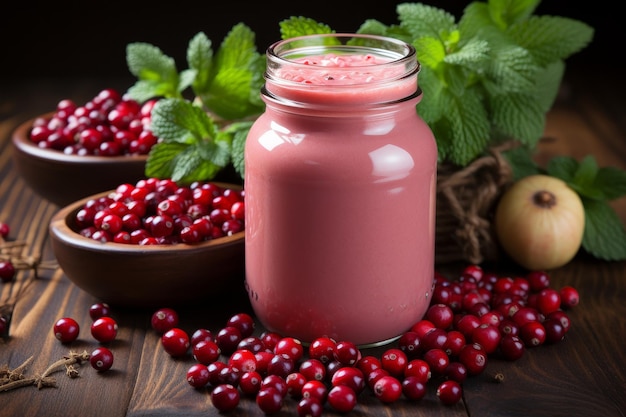 Fresh red currants and a refreshing smoothie in a glass placed on a rustic wooden table