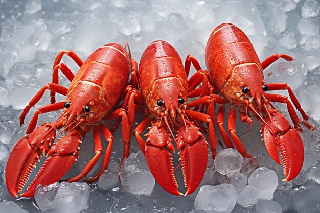 Fresh red lobsters waiting on ice ready to be served at the dinner table in a seafood restaurant