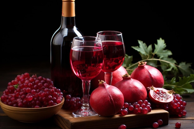 Fresh red pomegranates on wooden board with juice