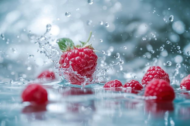 Fresh red raspberries falling in water