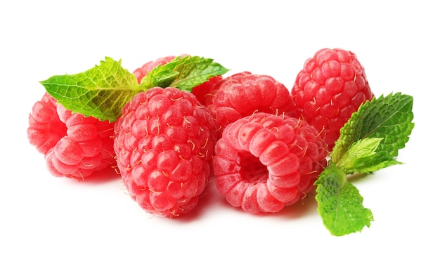 Fresh red raspberries on white