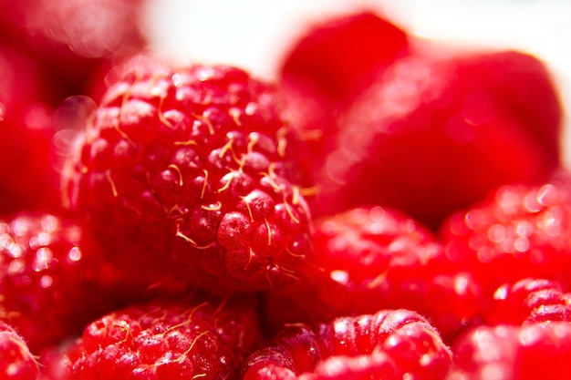 Fresh red ripe raspberries background details