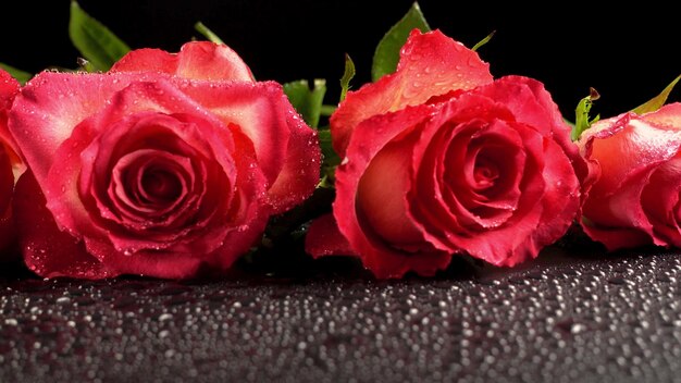 Fresh red rose flowers over dark stone background.