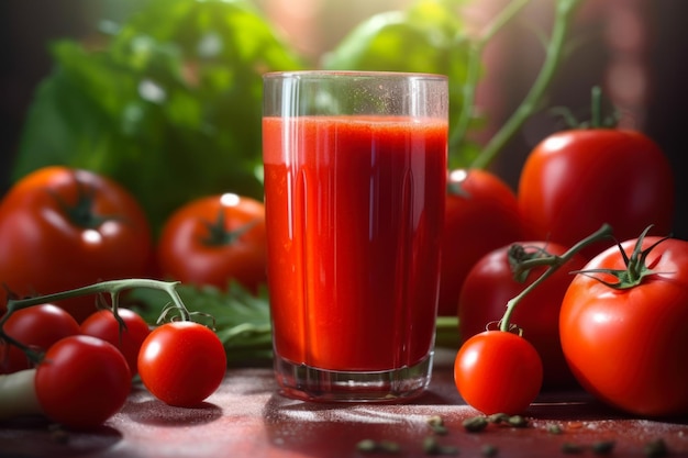 Fresh red tomato juice in a glass generative ai