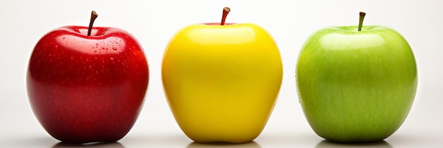 Fresh red yellow and green apples arranged in a line against a light background