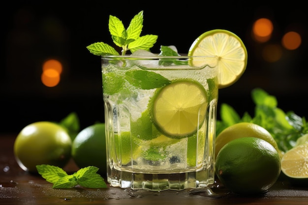 Fresh refreshing mojito cocktail A cocktail of lime and mint leaves A glass of summer cocktail with