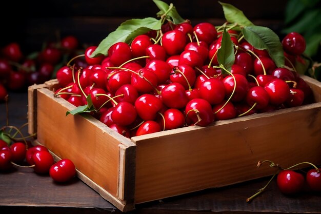 Fresh ripe Acerolas in wooden crate