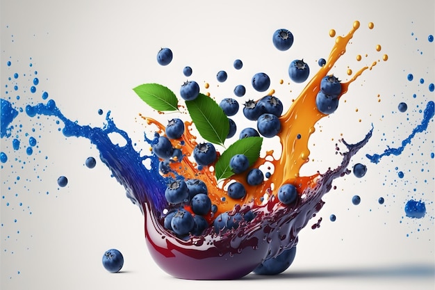 Fresh ripe blueberries and splashing juice on white background