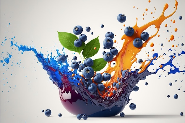 Fresh ripe blueberries and splashing juice on white background