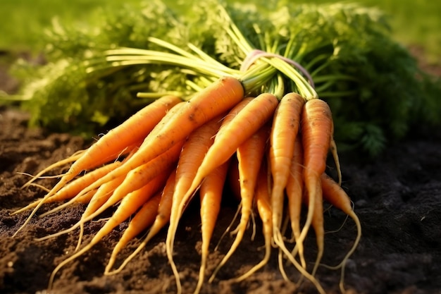 Fresh ripe carrots on the field Generative AI