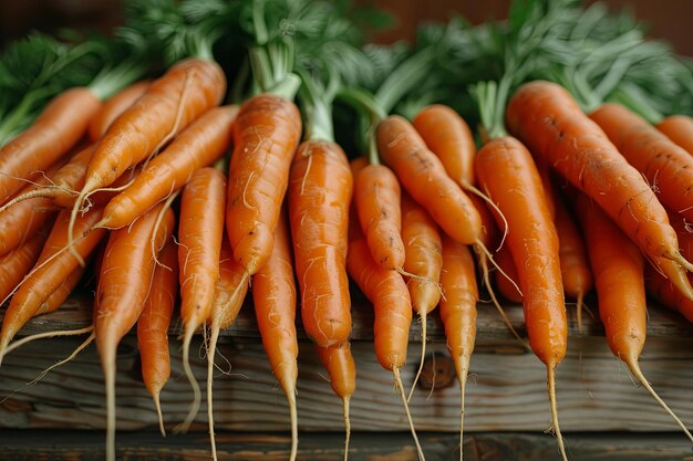 Fresh ripe carrots on a wooden board