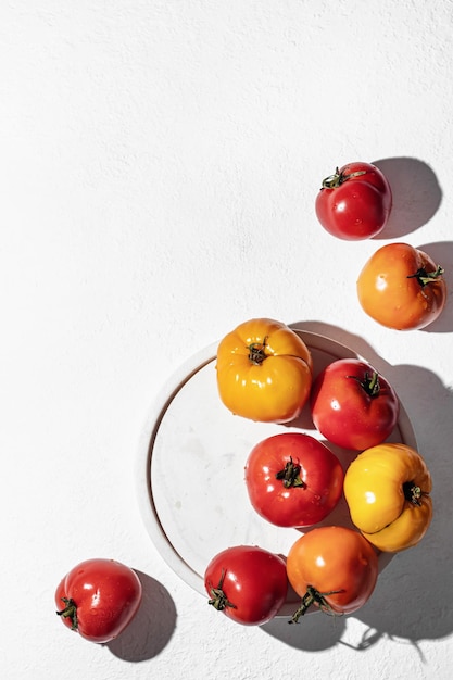 Fresh ripe colorful tomatoes on plate with hard shadows on white background with copy space top view