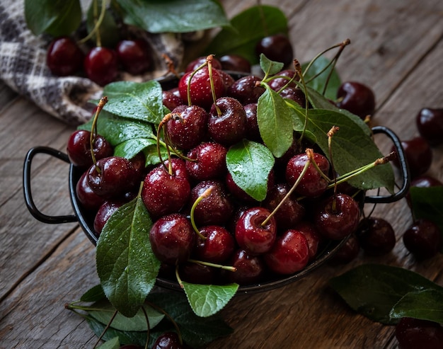 Fresh ripe dark cherry fruit with green leaves