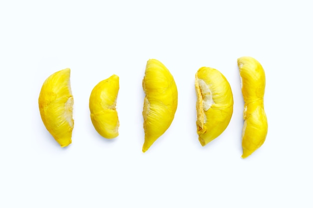 Fresh ripe durian on white surface.