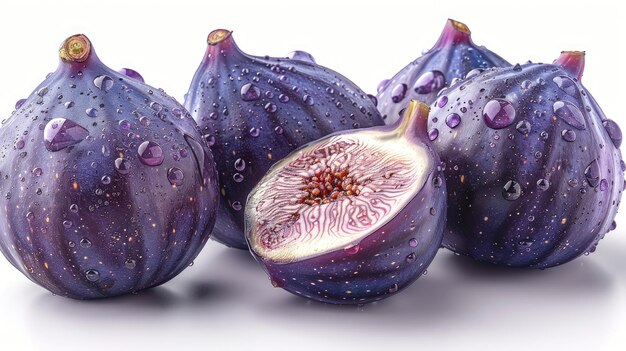 Fresh ripe figs with water drops isolated on white background