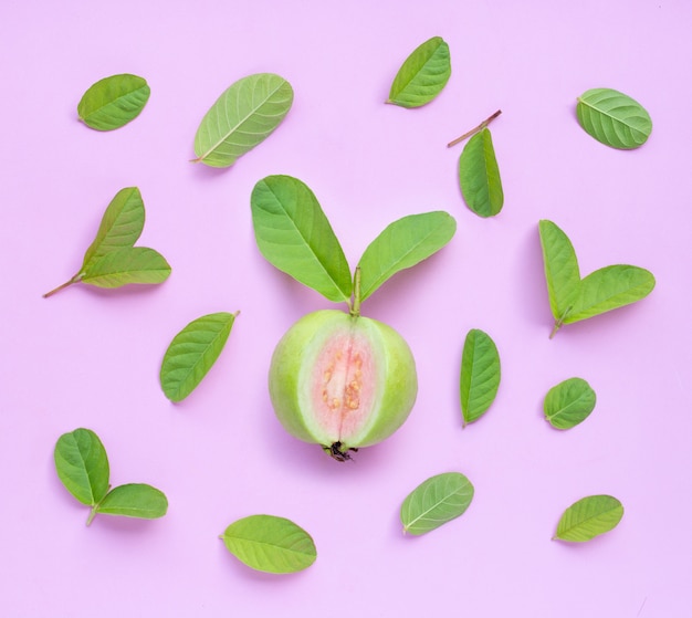 Fresh ripe guava and slices with leaves