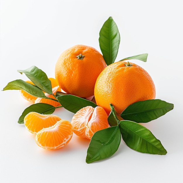 Fresh ripe juicy mandarins with green leaves on white background