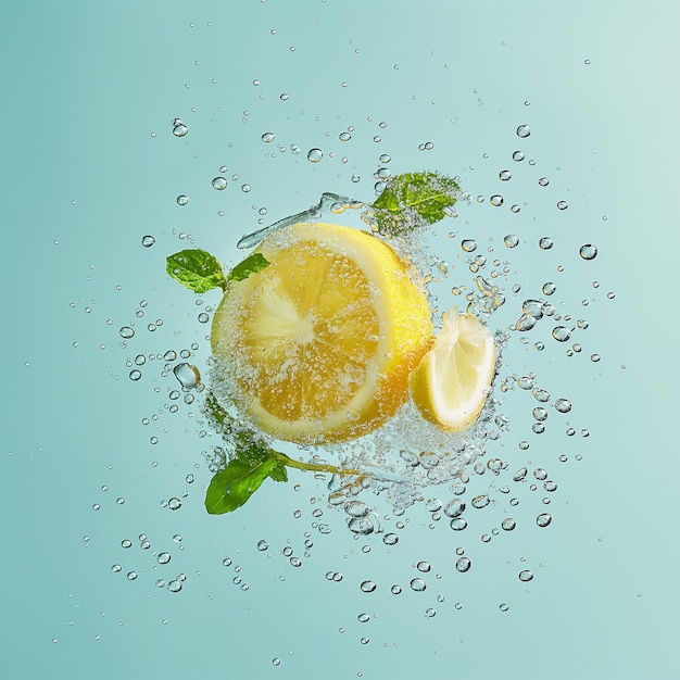 Photo fresh ripe lemons with mint in sparkling water