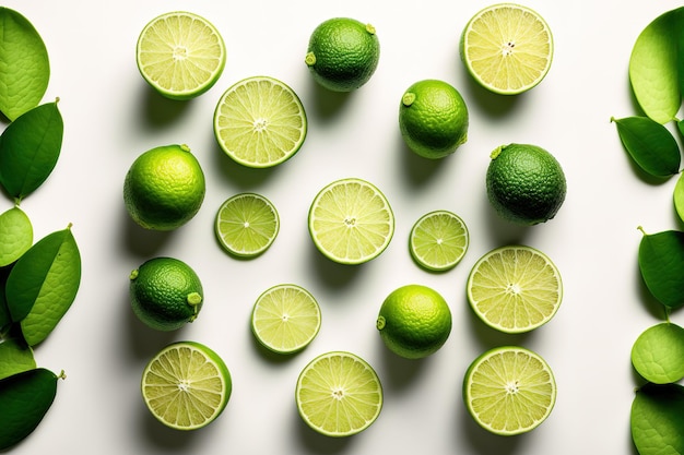 Fresh ripe limes in a composition with a white background and a top view