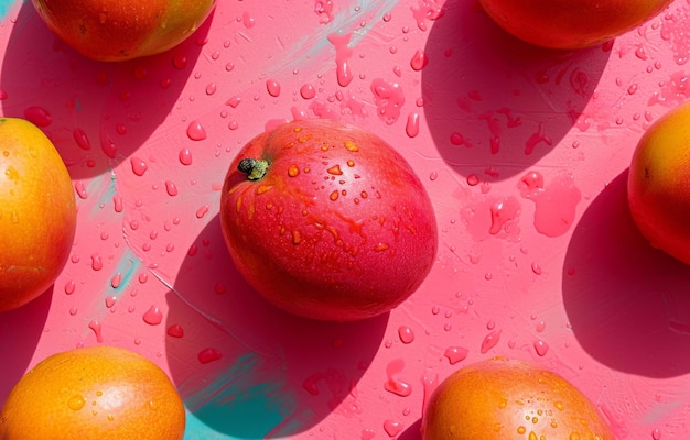 Photo fresh ripe mangos with water droplets on a pink surface tropical fruit background concept