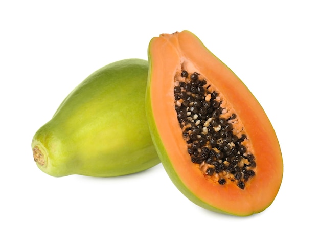 Fresh ripe papaya fruits on white background