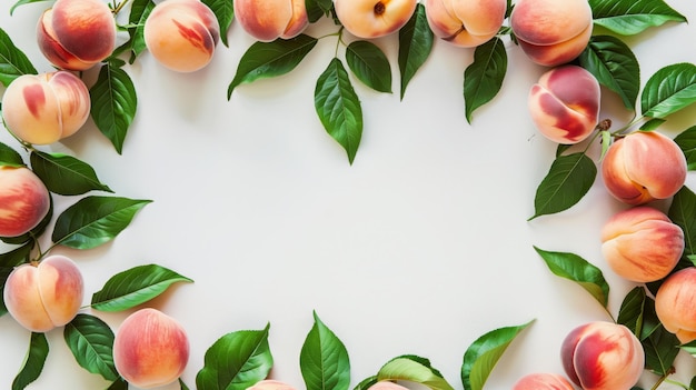 Photo fresh ripe peaches with vibrant leaves arranged in a border frame on a white background with ample copy space