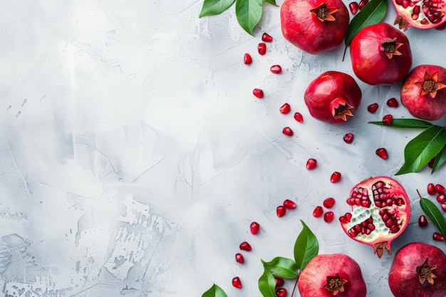 Photo fresh ripe pomegranates with green leaves on grey textured background with copy space