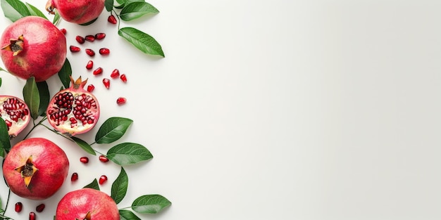 Photo fresh ripe pomegranates with green leaves on white textured background with copy space