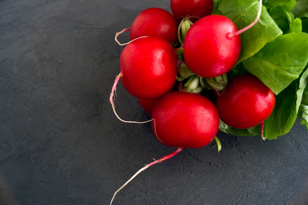 Fresh, ripe radish on a gray background.