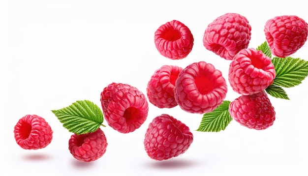 Fresh Ripe Raspberries Flying in the Air Isolated on White Background