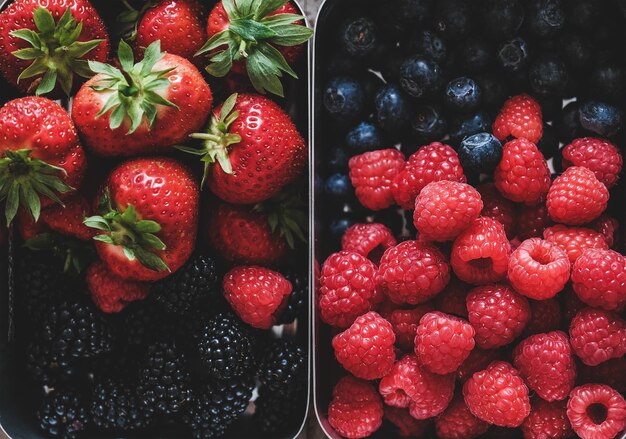 Fresh ripe seasonal berries in metal lunchboxes closeup top view