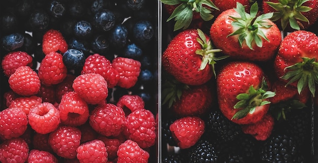 Fresh ripe seasonal berries in metal lunchboxes wide composition