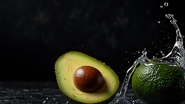 Fresh and ripe slices avocado fruit with splash water in dark background