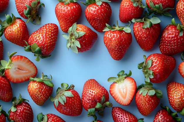 Fresh Ripe Strawberries on Blue Background Vibrant and Juicy Summer Fruits