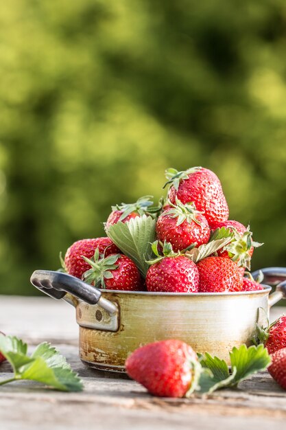 Fresh ripe strawberries in vintage kitchen pot on old garden table.