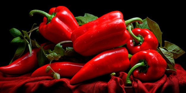 Fresh ripe sweet red bell pepper on dark background A bunch of red peppers on the kitchen table Still life with red pepper AI generated