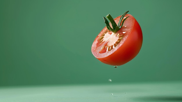 Fresh ripe tomato halved on green backdrop floating in mid air for a vibrant food concept