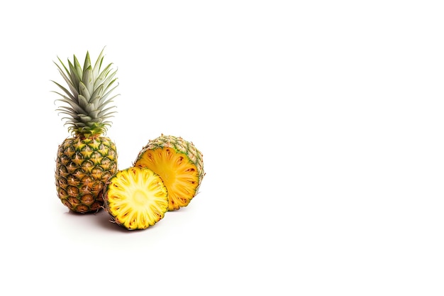 Fresh ripe whole and sliced pineapples isolated on white background with copy space